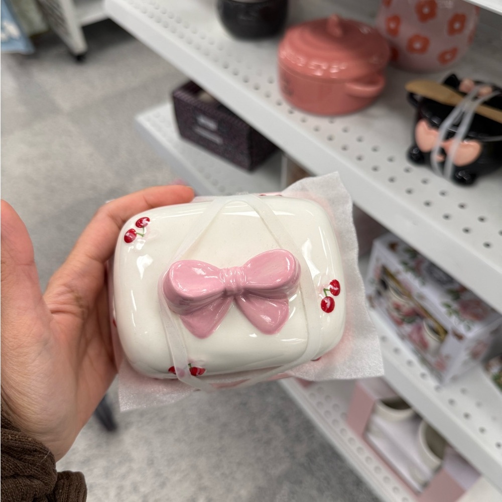 Ceramic Cherry Butter Dish with Pink Bow - Picture 2 of 2